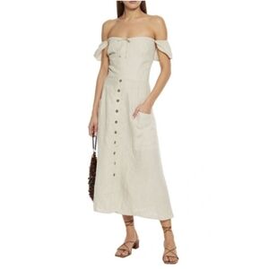 Reformation Francis Off The Shoulder Shirred Linen Midi Dress Size 2